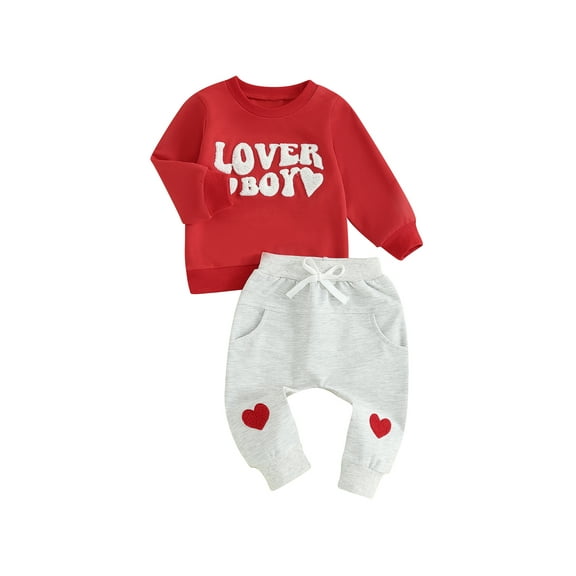 Baby Toddler Boy Valentine's Day Outfits Sets 6 12 18 24 Months 2T 3T Letter Embroidery Long Sleeve Sweatshirt and Elastic Pants for Toddler Fall Clothes