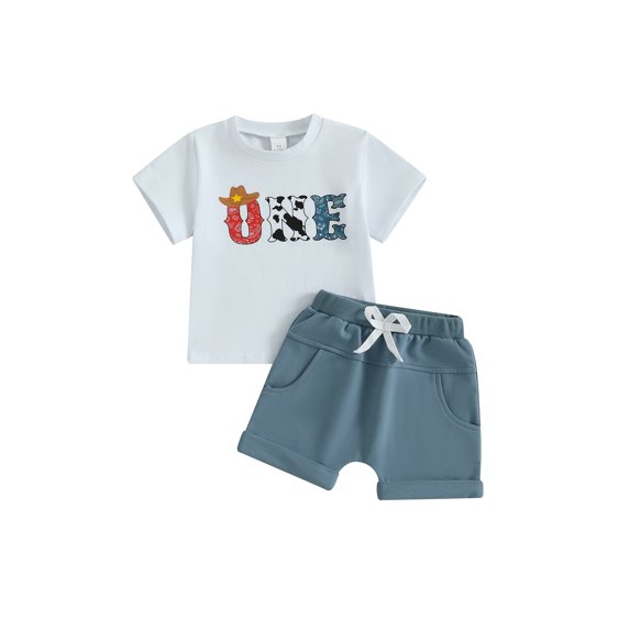 Baby Toddler Boy Western Birthday Outfit 6 12 18 Months Letter Print Short Sleeve T-shirt Solid Elastic Waist Shorts 2 Piece Clothing Set