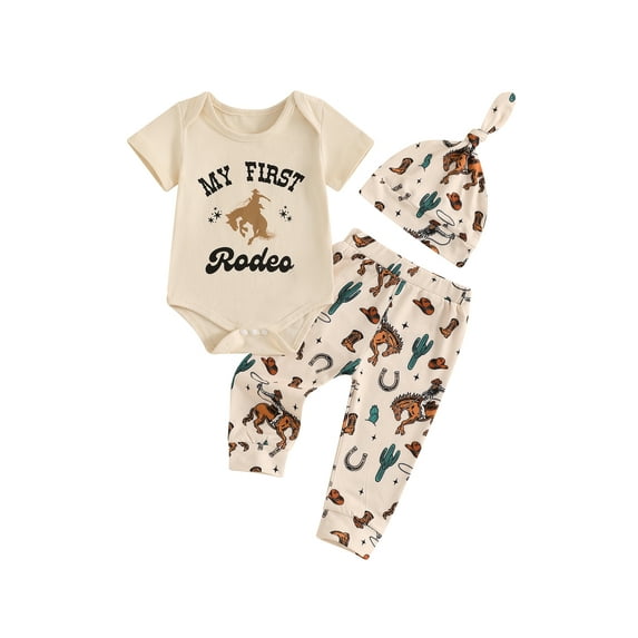 Baby Toddler Boy Western Outfit 3 6 12 18 Months Letter Horse Short Sleeve Romper Elastic Waist Pants Knotted Hat 3 Piece Clothes Set