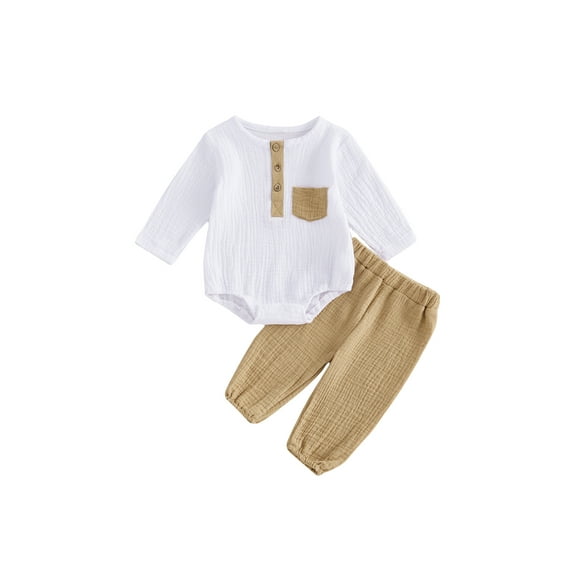 Baby Toddler Boys 2PCS Outfit 0 3 6 12 18 Months Long Sleeve Crew Neck Contrast Color Romper Solid Color Pants Clothing Sets