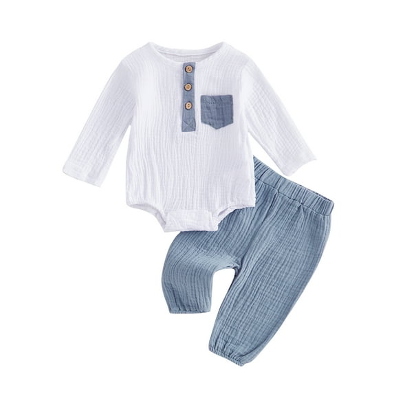 Baby Toddler Boys 2PCS Outfit 0 3 6 12 18 Months Long Sleeve Crew Neck Contrast Color Romper Solid Color Pants Clothing Sets