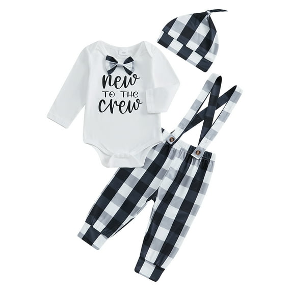 Baby Toddler Boys 2Pcs Fall Outfits 0 3 6 Months Long Sleeve Bowtie Romper + Plaid Suspender Pants + Hat Set Newborn Clothes