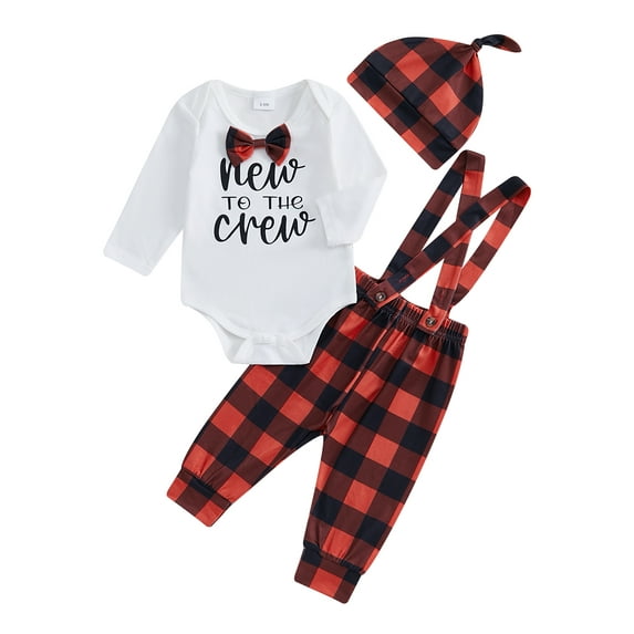 Baby Toddler Boys 2Pcs Fall Outfits 0 3 6 Months Long Sleeve Bowtie Romper + Plaid Suspender Pants + Hat Set Newborn Clothes