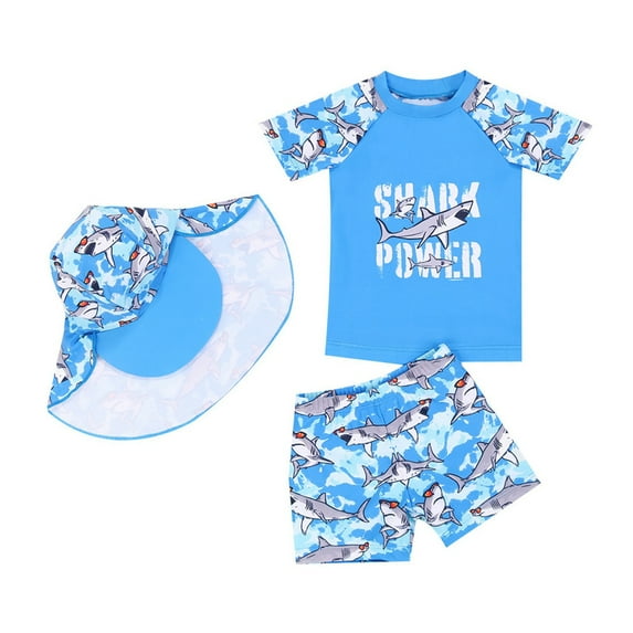 Baby Toddler Boys 3-Pieces Swimsuit Sets Dinosaur Bathing Suit Short Sleeve Rashguard & Trunks Swimwear with Hat UPF 50+