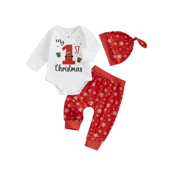 Baby Toddler Boys Christmas 3Pcs Outfits 0 3 6 12 18 Months Letter Print Crew Neck Long Sleeve Rompers Snowflake Print Long Pants Hat Clothes Set