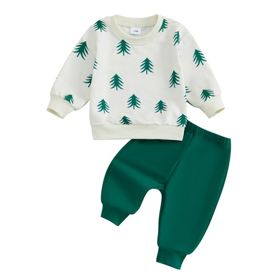 Baby Toddler Boys Christmas Clothing Sets 3 6 9 12 18 24 Months Tree Print Long Sleeve Round Neck Sweatshirt Drawstring Long Pants Outfits
