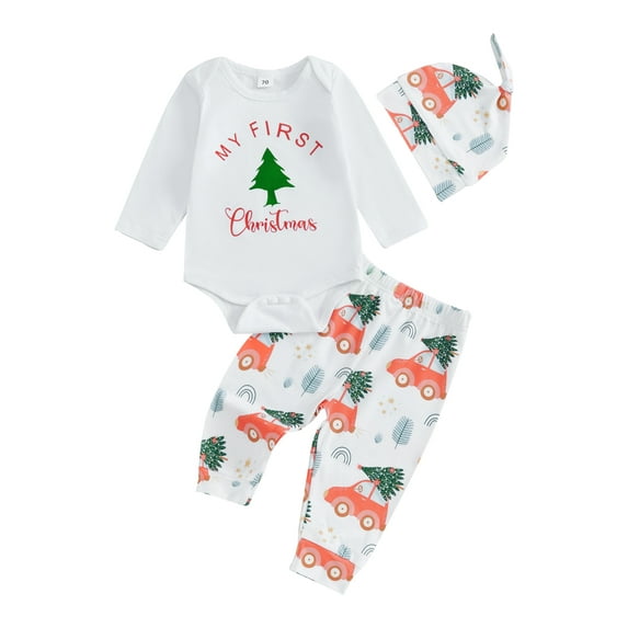 Baby Toddler Boys Christmas Outfits 0 3 6 12 18 Months Letter Print Crew Neck Long Sleeve Rompers Truck Print Long Pants Hat 3Pcs Clothes Set