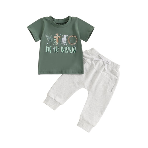 Baby Toddler Boys Easter Outfit 6 12 18 24 Months 2T 3T Summer Letter Print Short Sleeve T-Shirt and Elastic Pants Cute Clothes Set