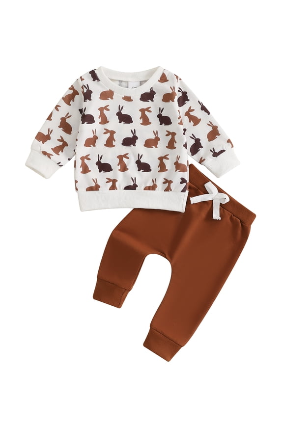 Baby Toddler Boys Easter Outfit Sets, 3 6 12 18 24 Months 2T 3T Long Sleeve Crew Neck Bunny Print Sweatshirt with Elastic Waist Sweatpants Infant Clothes Set