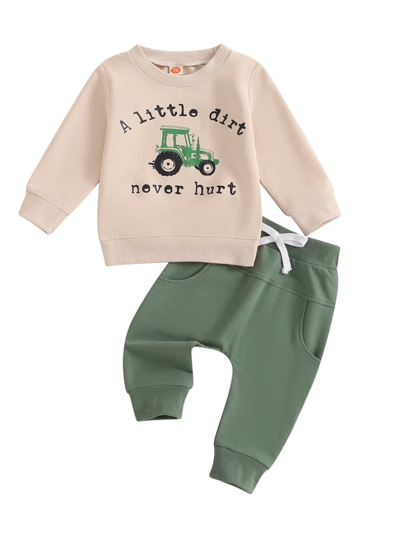 Baby Toddler Boys Fall Clothing Set 0 6 12 18 24 Months 2T 3T 4T Letter Tractor Print Long Sleeve Round Neck Tops Drawstring Pocket Long Pants 2-Piece Outfits