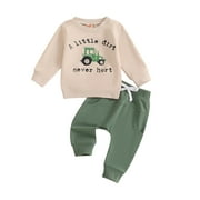 Baby Toddler Boys Fall Clothing Set 0 6 12 18 24 Months 2T 3T 4T Letter Tractor Print Long Sleeve Round Neck Tops Drawstring Pocket Long Pants 2-Piece Outfits