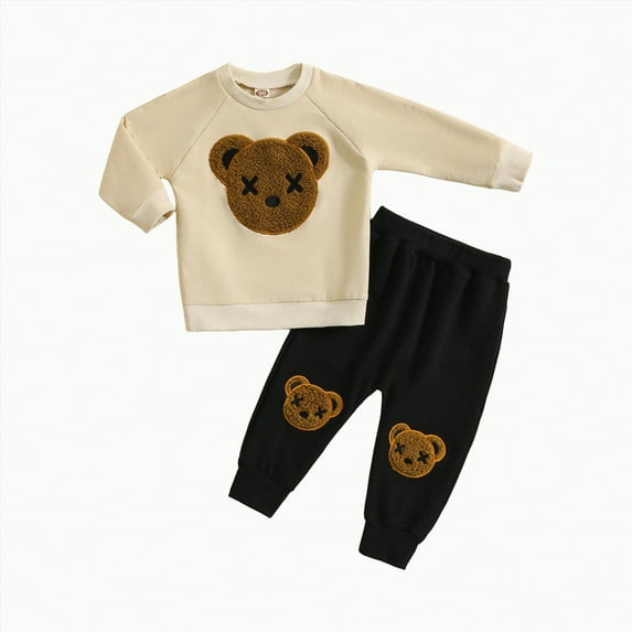 Baby Toddler Boys Fall Clothing Set Kids Autumn Winter Round Neck Long Sleeve Elastic Waist 6 12 18 24 Months 2T 3T 4T Everyday Outfit 2 Pcs