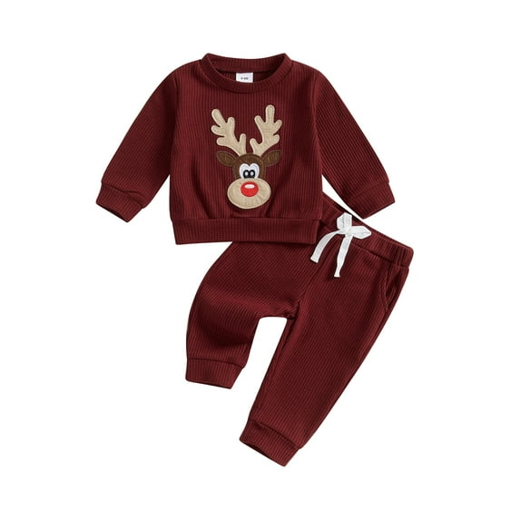 Baby Toddler Boys Girls 2Pcs Christmas Outfits 0 6 12 18 24 Months 2T 3T Long Sleeve Reindeer Embroidery Sweatshirt and Pocket Pants Set Winter Clothes