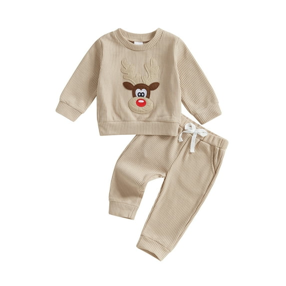 Baby Toddler Boys Girls 2Pcs Christmas Outfits 0 6 12 18 24 Months 2T 3T Long Sleeve Reindeer Embroidery Sweatshirt and Pocket Pants Set Winter Clothes