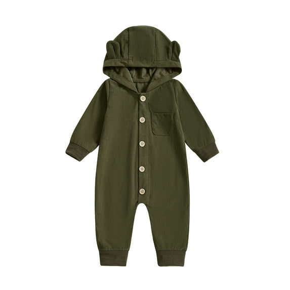 Baby Toddler Boys Girls Button-up Corduroy Jumpsuit 3 6 12 18 Months Cute Bear Ears Hooded Long Sleeve Chest Pocket Fall Romper for Boy Girl