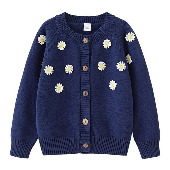 Baby Toddler Boys Girls Cardigan Sweaters Button Up Long Sleeve Knit Flower Embroidery Jackets Outwear Tops for Gifts,Navy,7 Years
