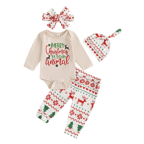 Baby Toddler Boys Girls Christmas Clothing Set 0 3 6 12 18 Months Letter Long Sleeve Romper Reindeer Long Trousers Hat Headband Contrast Color Outfits