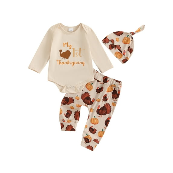 Baby Toddler Boys Girls First Thanksgiving Outfits 0 3 6 12 18 Months Letter Print Long Sleeve Romper with Turkey Pattern Pants and Hat 3 Pcs Clothing Set