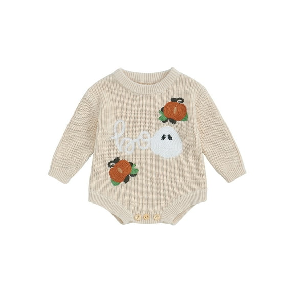 Baby Toddler Boys Girls Halloween Knit Romper, 0 3 6 9 12 18 Months Long Sleeve Crew Neck Pumpkin Ghost Bodysuit Sweater for Casual Daily