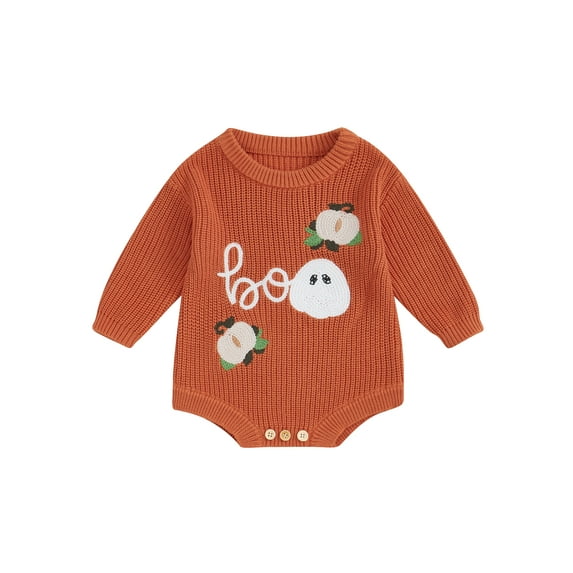 Baby Toddler Boys Girls Halloween Knit Romper, 0 3 6 9 12 18 Months Long Sleeve Crew Neck Pumpkin Ghost Bodysuit Sweater for Casual Daily