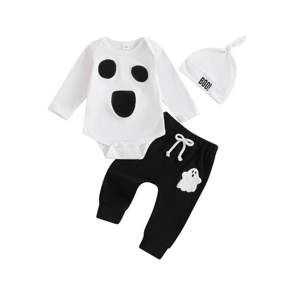 Baby Toddler Boys Halloween 3PCS Clothing Sets 0 3 6 12 Months Long Sleeve Ghost Embroidery Romper Drawstring Pants Hat Outfits