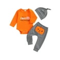 thumbnail image 1 of Baby Toddler Boys Halloween 3PCS Clothing Sets 0 3 6 9 12 Months Long Sleeve Letter Pumpkin Print Romper Striped Pants Hat Outfits, 1 of 9