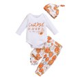 thumbnail image 1 of Baby Toddler Boys Halloween Outfits 0 3 6 12 18 24 Months Letter Print Crew Neck Long Sleeve Rompers Pumpkin Print Long Pants Hat 3Pcs Clothes Set, 1 of 9