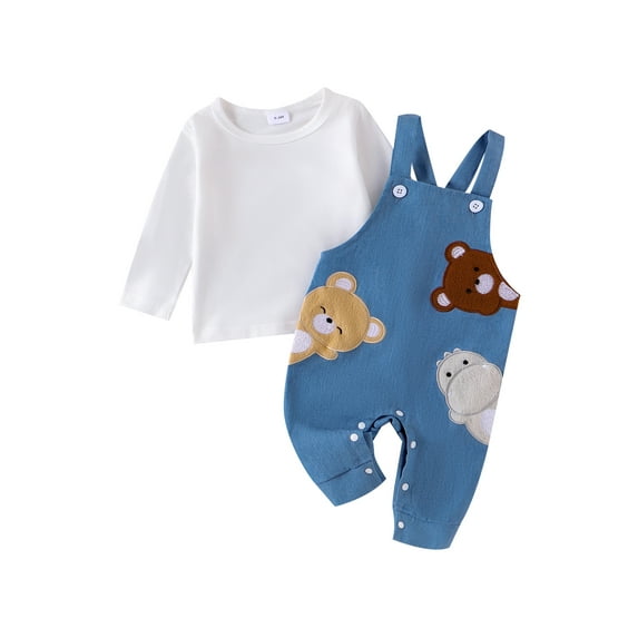 Baby Toddler Boys Outfit, 0 3 6 12 18 Months Long Sleeve Crew Neck T-shirt with Embroidery Animals Overall Pants Fall Outfit Clothing Set