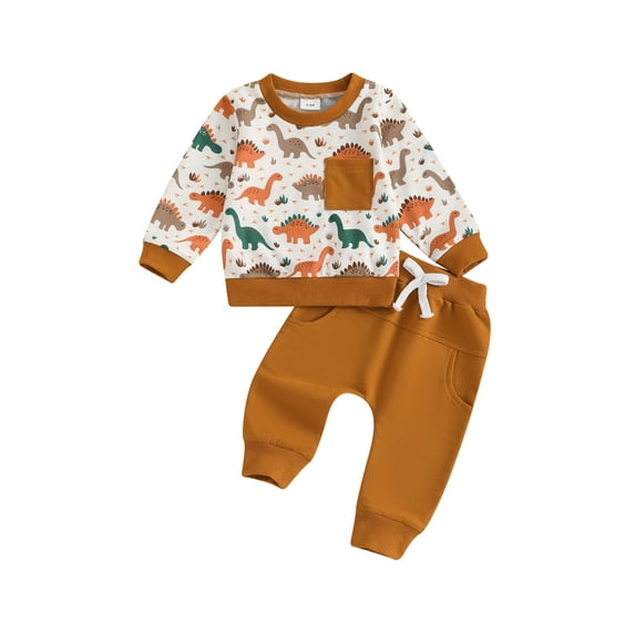 Baby Toddler Boys Pants Clothing Set, 0 6 12 18 24 Months 2T 3T Long Sleeve Crew Neck Dinosaur Print Sweatshirt with Elastic Waist Sweatpants Infant Outfits