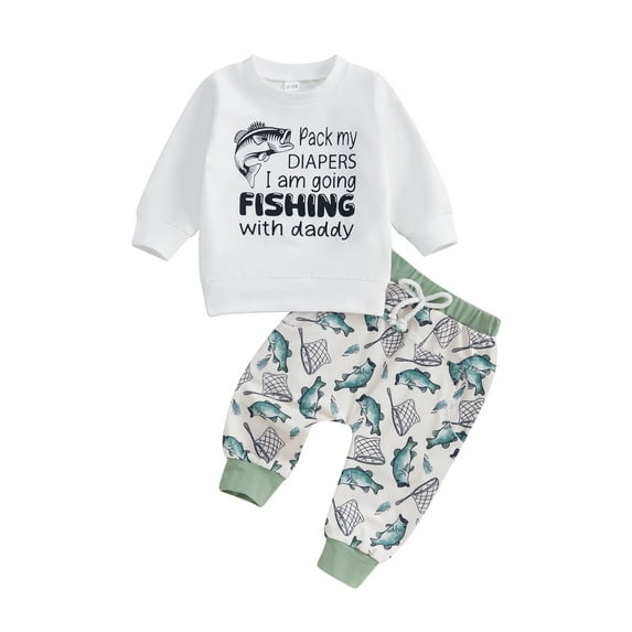 Baby Toddler Boys Pants Clothing Set, 0 6 12 18 24 Months 2T 3T Long Sleeve Crew Neck Letters Print Sweatshirt with Fish Print Sweatpants Infant Outfits