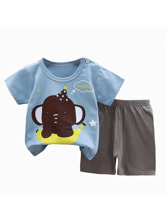 Baby Toddler Boys Shorts Clothes Set, 3 9 12 18 24 Months 2T 3T 4T 5T 6T Short Sleeve Cartoon Animals Graphic Print T-shirt Tees Tops with Shorts Summer Playwear Boy Outfits