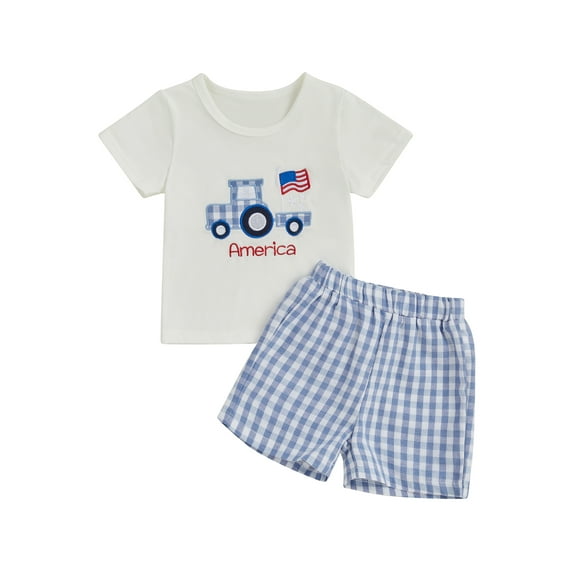Baby Toddler Boys Summer Clothes for 4th of July, 6 12 18 24 Months 2T 3T 4T Short Sleeve Embroidery Truck T-shirt with Plaid Shorts for Independence Day