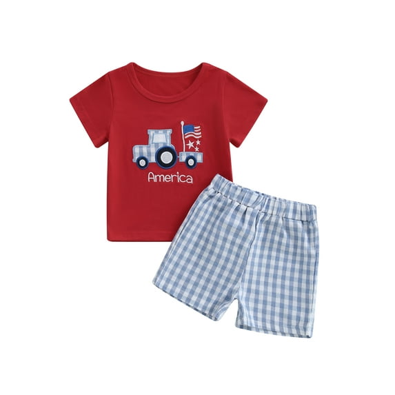 Baby Toddler Boys Summer Clothes for 4th of July, 6 12 18 24 Months 2T 3T 4T Short Sleeve Embroidery Truck T-shirt with Plaid Shorts for Independence Day