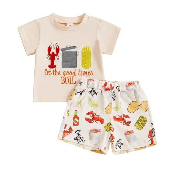 Baby Toddler Boys Summer Outfit 6 12 18 24 Months 2T 3T 4T 5T 6T 7T Kids Boy Shorts Set Short Sleeve Crew Neck Embroidery Lobster T-shirt with Shorts Clothing Set