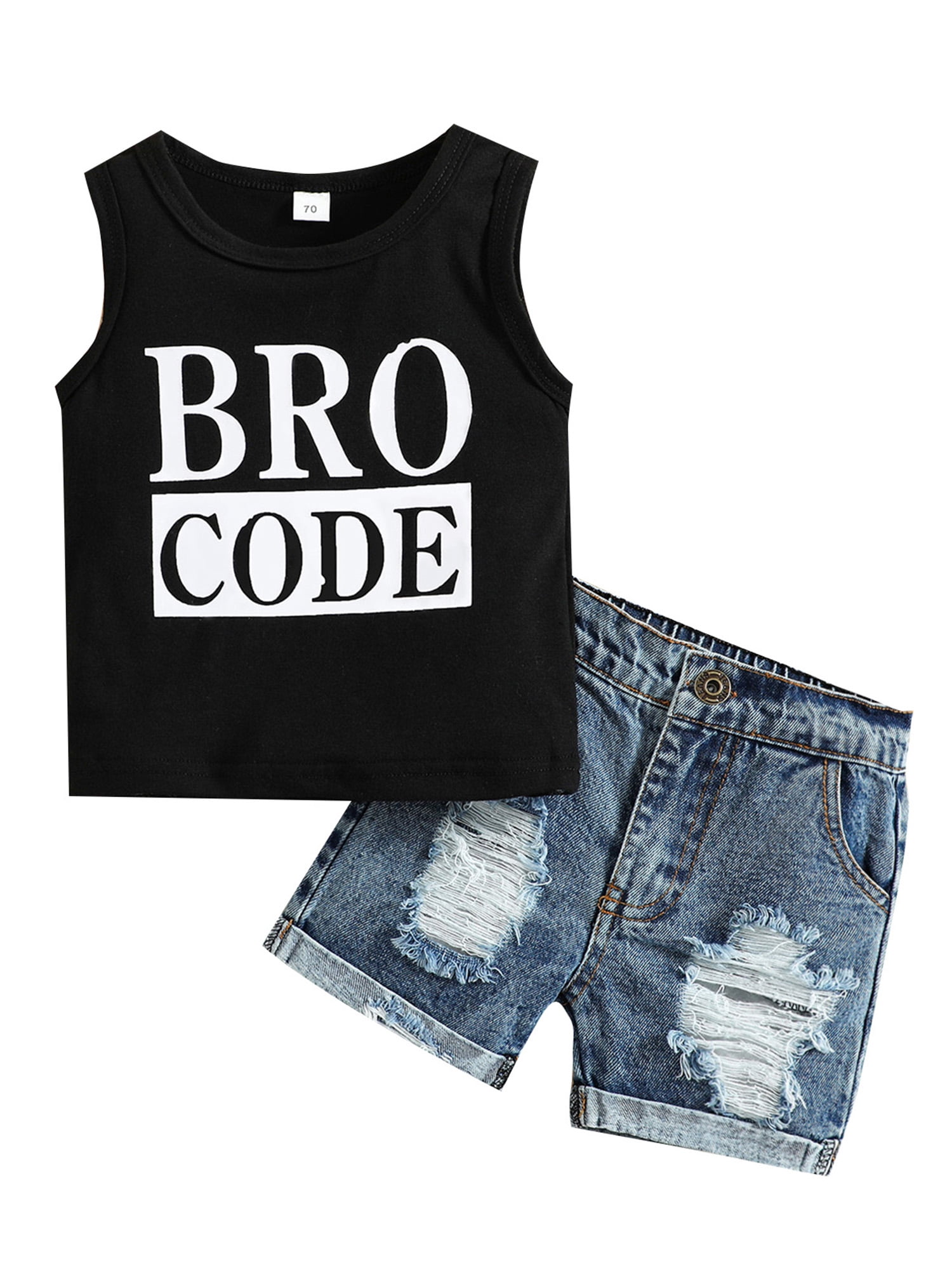 Baby Toddler Boys Summer Outfit Set Round Neck Sleeveless Letter Print Tank Tops with Ripped Denim Shorts for baby girls at 3 months to 3 years old