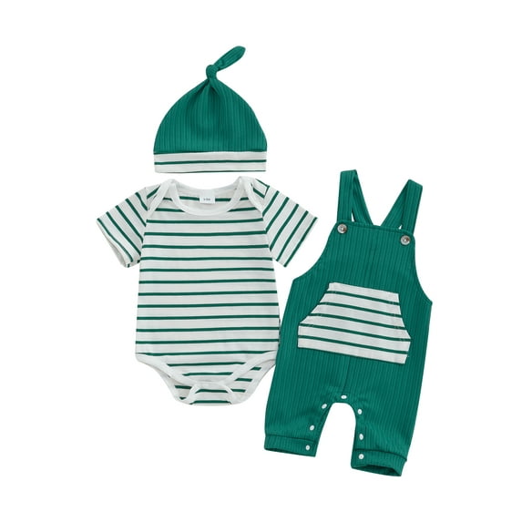 Baby Toddler Boys Summer Outfits 3 6 9 12 18 Months Stripe Short Sleeve Rompers Suspender Pants Hat 3Pcs Clothes Set