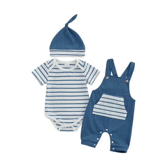 Baby Toddler Boys Summer Outfits 3 6 9 12 18 Months Stripe Short Sleeve Rompers Suspender Pants Hat 3Pcs Clothes Set