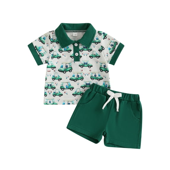 Baby Toddler Boys Summer Outfits 6 12 18 24 Months 2T 3T Golf Print Lapel Short Sleeves T-Shirt and Elastic Shorts Set for 2 Piece Clothes Set