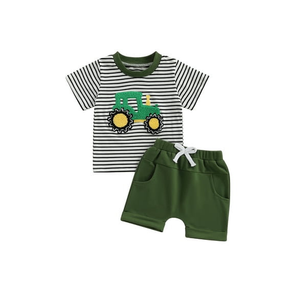 Baby Toddler Boys Summer Shorts Sets 6 12 18 24 Months 2T 3T 4T Short Sleeve O Neck Tractor Embroidery Striped Tops and Solid Color Shorts Outfits