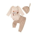 thumbnail image 1 of Baby Toddler Boys Thanksgiving Outfits 0 3 6 12 Months Letter Turkey Print Crew Neck Long Sleeve Rompers Long Pants Hat 3Pcs Clothes Set, 1 of 9