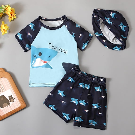 Baby Toddler Boys Two Piece Swimsuit Set Swimwear Cute Print Bathing Suit Rash Guards Blue Size 4-5 Years