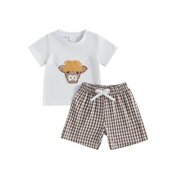Baby Toddler Boys Western Outfits 6 12 18 24 Months 2T 3T 4T Cow Head Embroidery T-Shirt and Elastic Plaid Shorts Set for 2 Piece Clothes Set