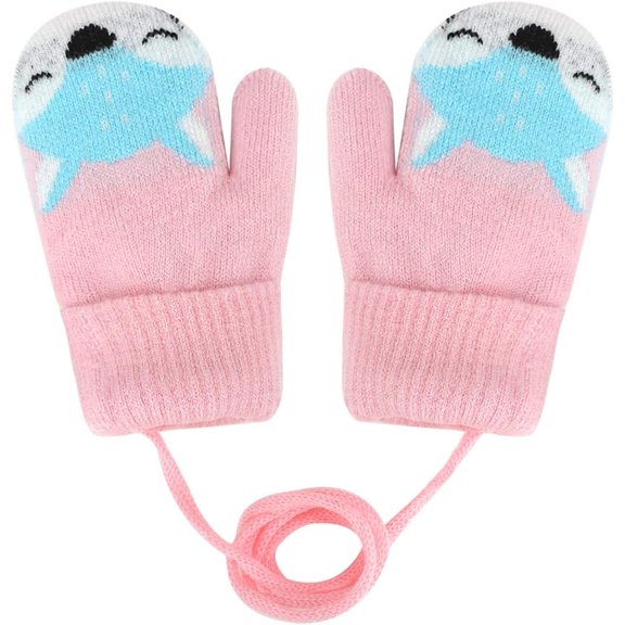 Baby Toddler Cute Fox Hanging Neck Gloves Winter Warm Mittens Thicken Knitted Gloves, Thermal Plush Lining Full Finger Gloves for Baby 1-3 Years