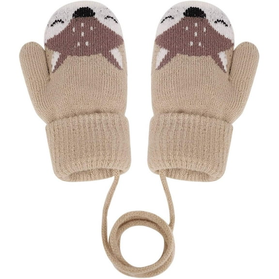 Baby Toddler Cute Fox Hanging Neck Gloves Winter Warm Mittens Thicken Knitted Gloves, Thermal Plush Lining Full Finger Gloves for Baby 1-3 Years