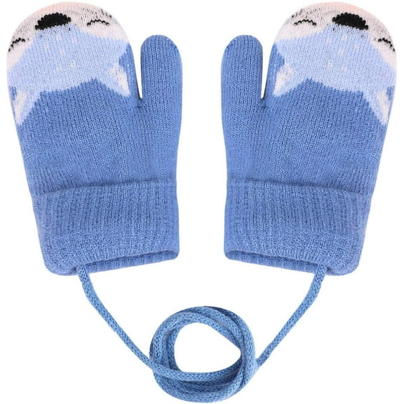 Baby Toddler Cute Fox Hanging Neck Gloves Winter Warm Mittens Thicken Knitted Gloves, Thermal Plush Lining Full Finger Gloves for Baby 1-3 Years