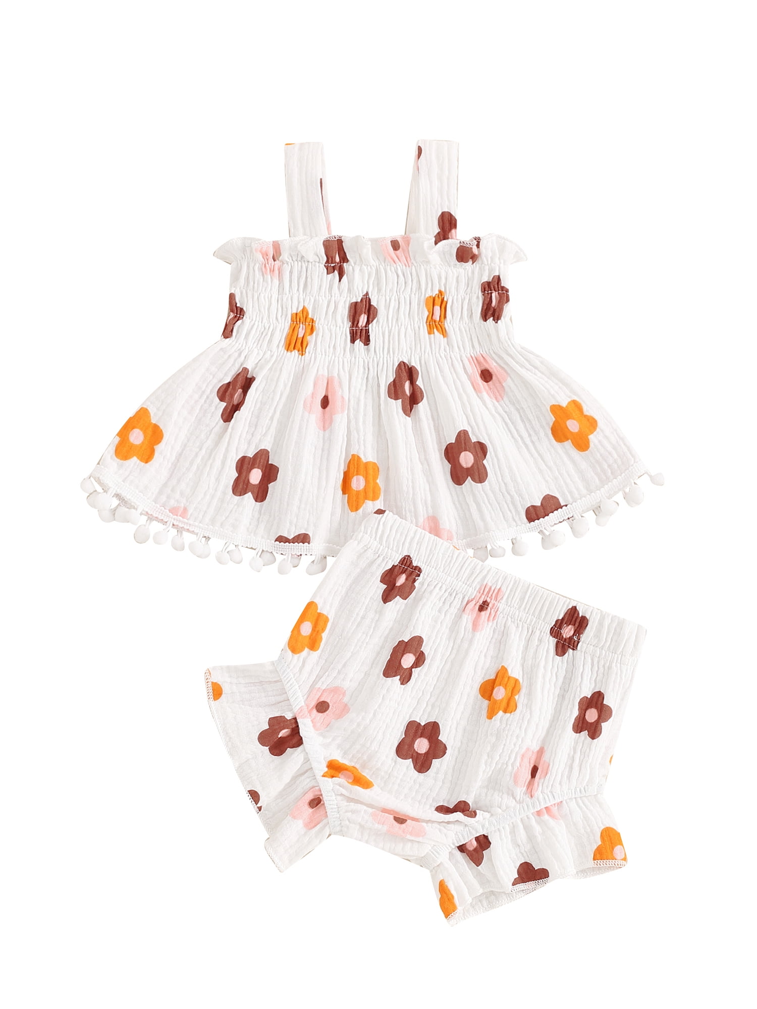 2pcs Baby Girl Floral Print Ruffle Shirred Long-sleeve Romper Set