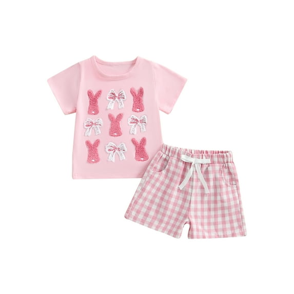 Baby Toddler Girl 2Pcs Easter Outfits 3 6 12 18 24 Months 2T 3T Short Sleeve Bunny Bow Embroidery Tops and Shorts Set Toddler Spring Clothes