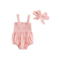 thumbnail image 1 of Baby Toddler Girl 2Pcs Summer Outfits 3 6 12 18 Months Sleeveless Bow Print Smocked Romper with Headband Set Infant Clothes, 1 of 9