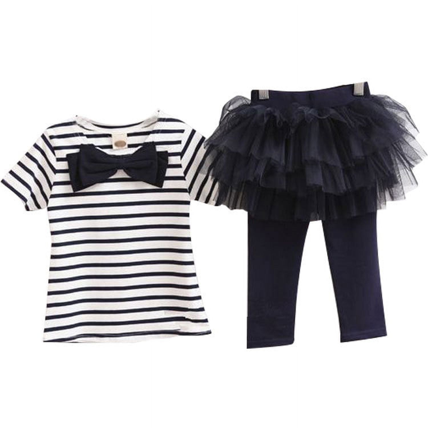 Baby Toddler Girl 2pc Outfit Stripe Short Sleeve Top with Tulle Tutu Legging, Navy, Size 120