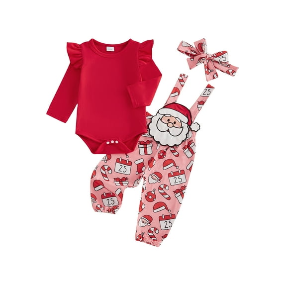 Baby Toddler Girl 3Pcs Christmas Outfits 0 3 6 9 12 18 Months Long Sleeve Romper + Suspender Pants + Headband Set Infant Clothes